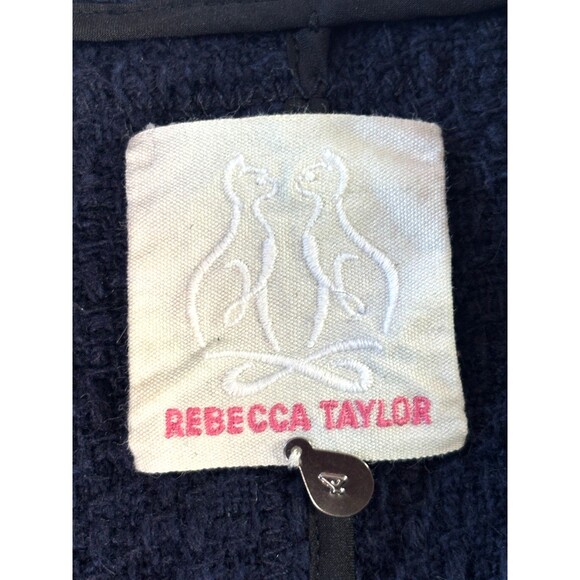 REBECCA TAYLOR Boucle Fringe Blazer SIZE 4 Navy Blue Black Leather Trim Coat EUC - Picture 11 of 16